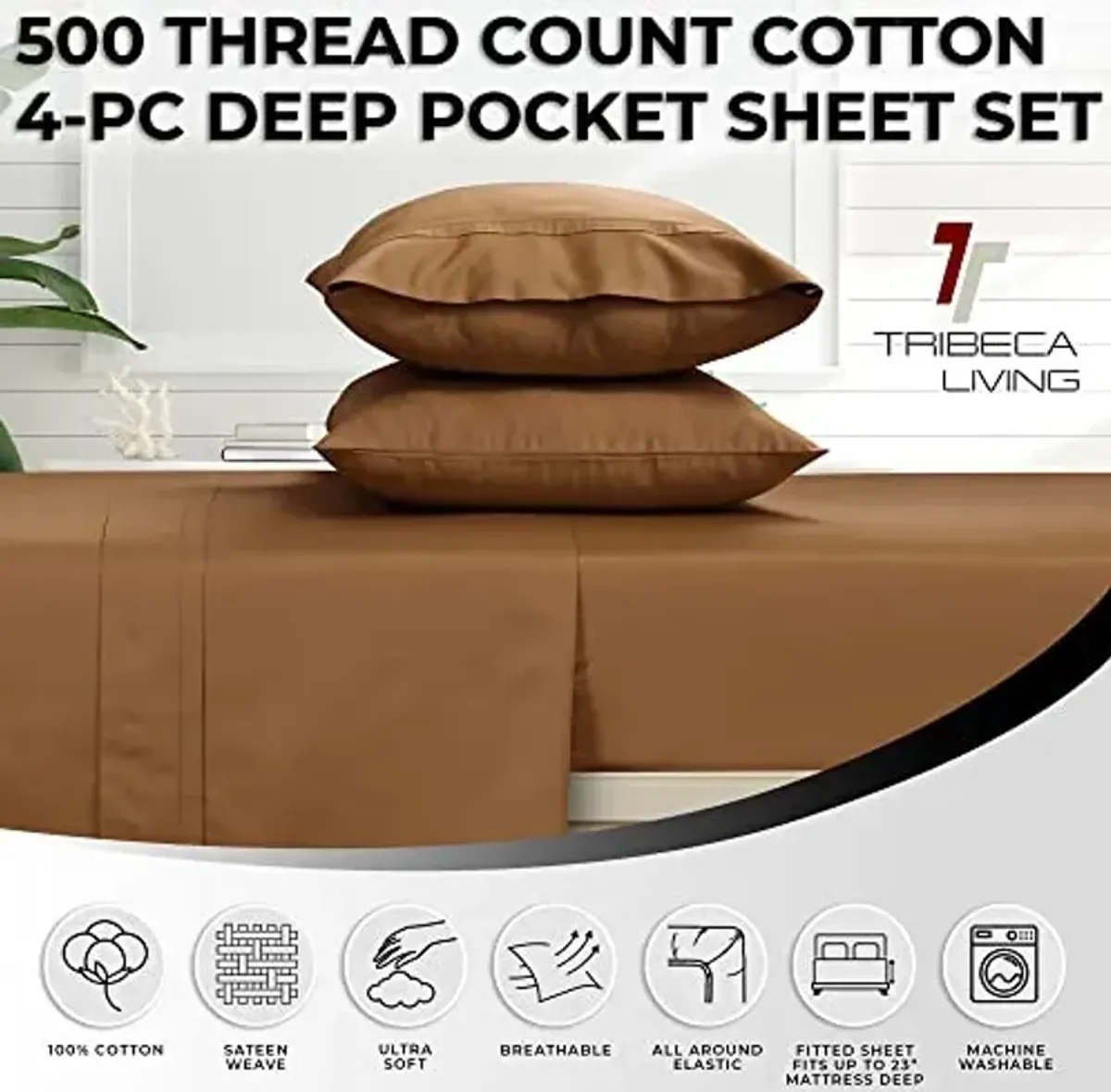 Tribeca Living Queen Bed Sheet Set, Soft Egyptian Cotton Sateen Solid Sheets and Pillowcase Set, Deep Pocket, 500 Thread Count, 4-Piece Luxury Bedding, Café, Beige
