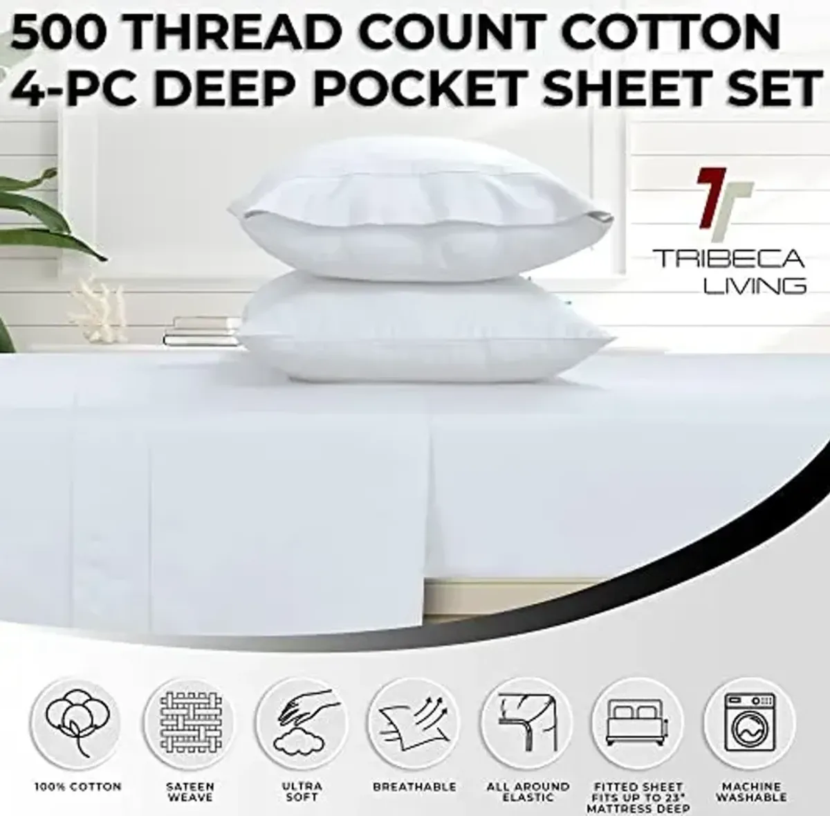 Tribeca Living King Bed Sheet Set, Soft Egyptian Cotton Sateen Solid Sheets and Pillowcase Set, Deep Pocket, 500 Thread Count, 4-Piece Luxury Bedding, White