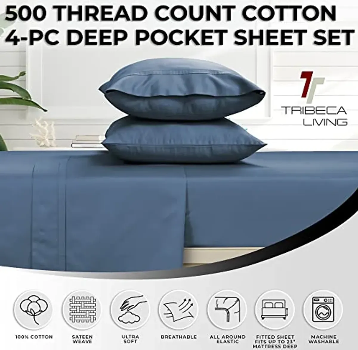 Tribeca Living Queen Bed Sheet Set, Soft Egyptian Cotton Sateen Solid Sheets and Pillowcase Set, Deep Pocket, 500 Thread Count, 4-Piece Luxury Bedding, Midnight Blue