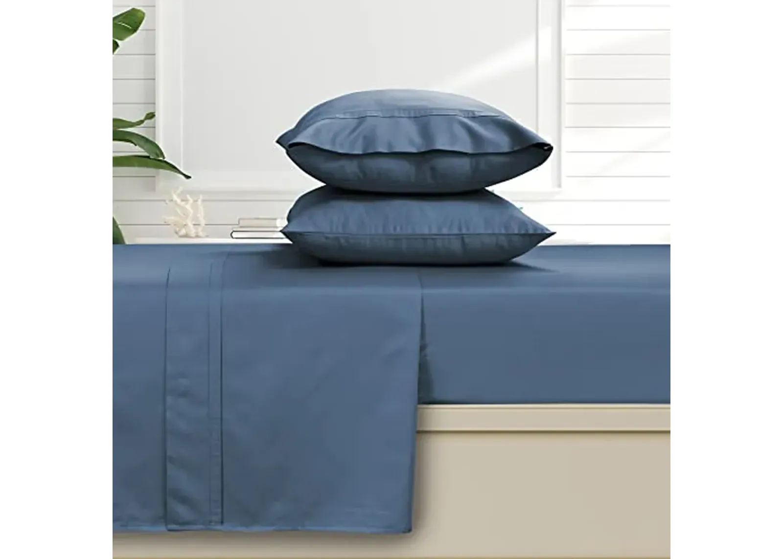 Tribeca Living Queen Bed Sheet Set, Soft Egyptian Cotton Sateen Solid Sheets and Pillowcase Set, Deep Pocket, 500 Thread Count, 4-Piece Luxury Bedding, Midnight Blue