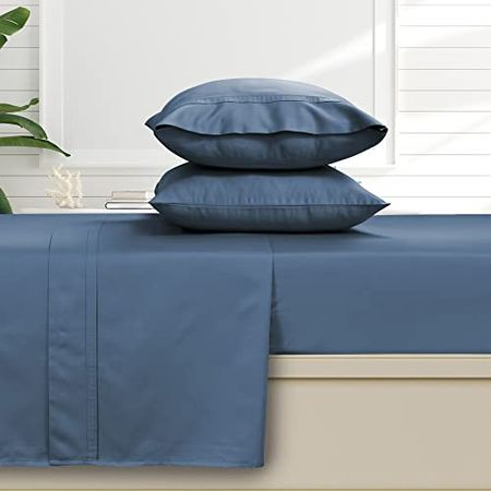 Tribeca Living Queen Bed Sheet Set, Soft Egyptian Cotton Sateen Solid Sheets and Pillowcase Set, Deep Pocket, 500 Thread Count, 4-Piece Luxury Bedding, Midnight Blue