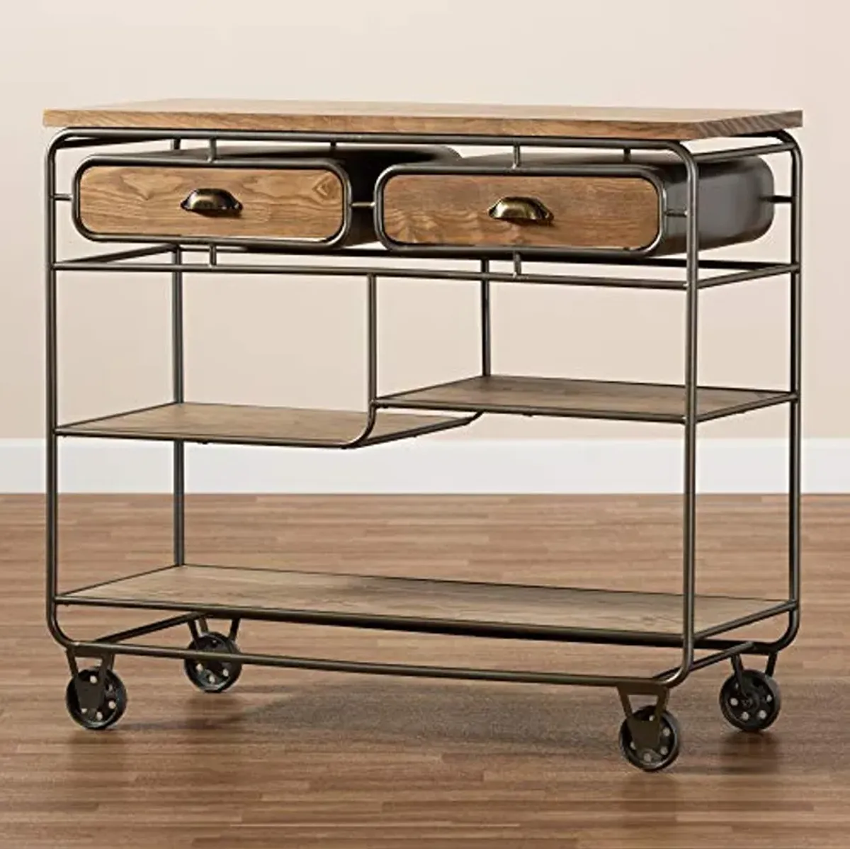 Baxton Studio Grant Vintage Rustic Industrial Oak Brown Finished Wood and Black Finished Metal 2-Drawer Kitchen Cart