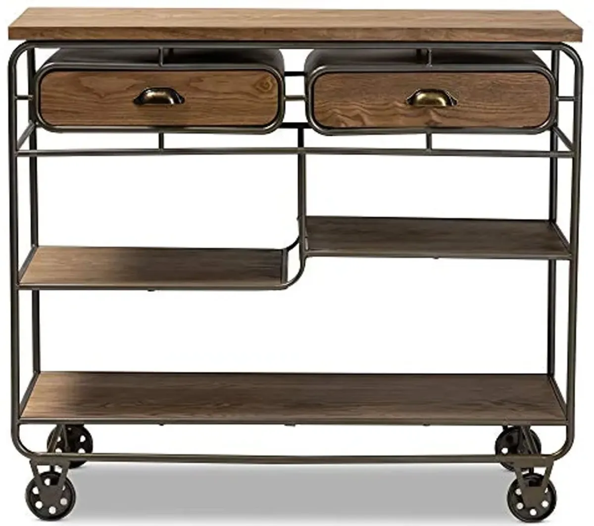 Baxton Studio Grant Vintage Rustic Industrial Oak Brown Finished Wood and Black Finished Metal 2-Drawer Kitchen Cart