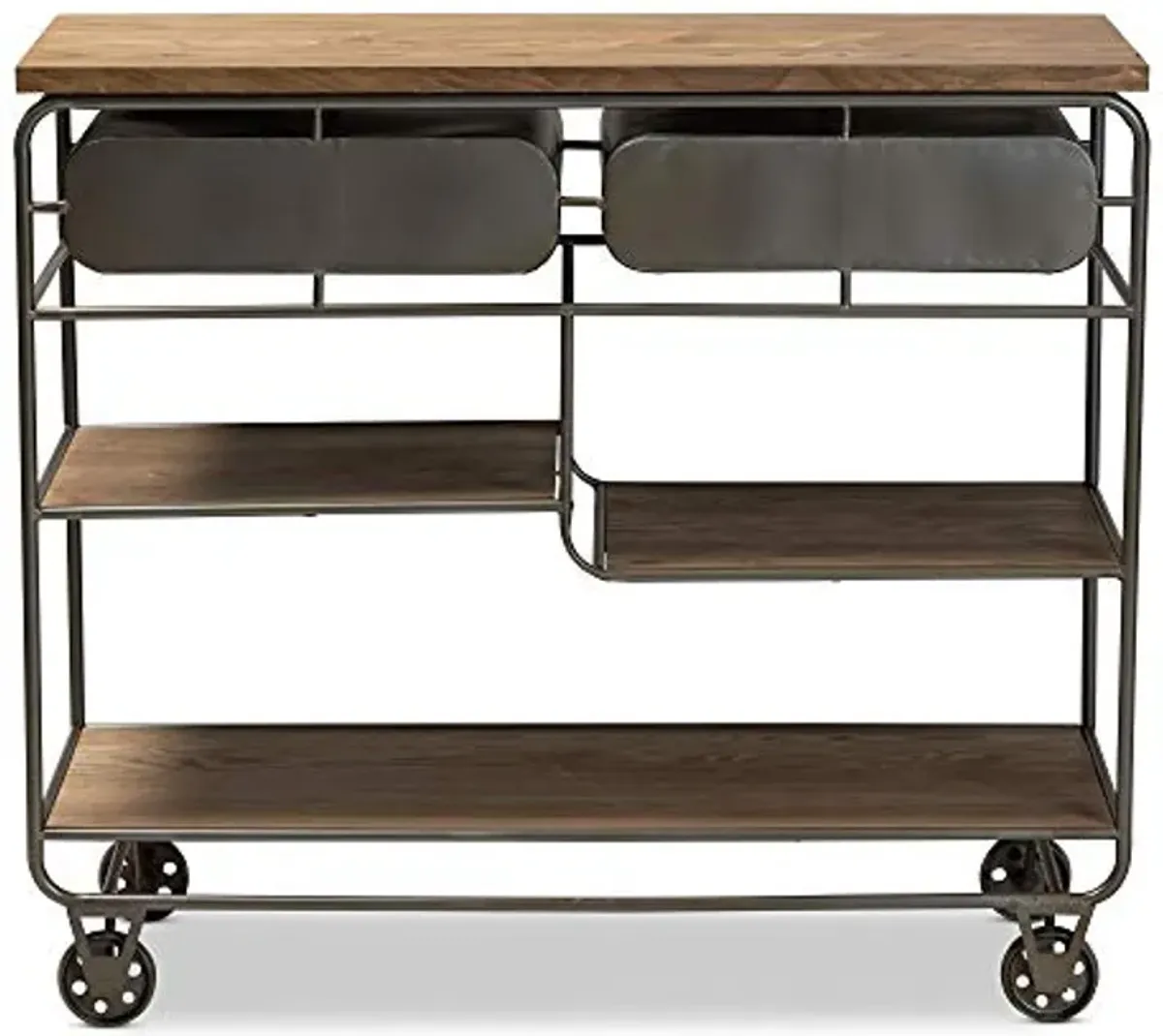 Baxton Studio Grant Vintage Rustic Industrial Oak Brown Finished Wood and Black Finished Metal 2-Drawer Kitchen Cart