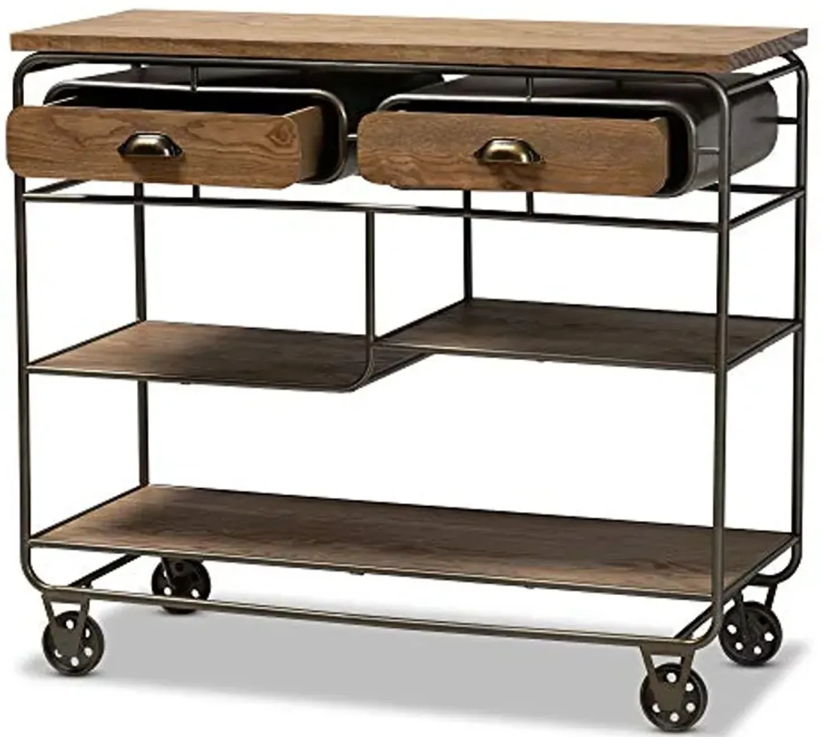 Baxton Studio Grant Vintage Rustic Industrial Oak Brown Finished Wood and Black Finished Metal 2-Drawer Kitchen Cart