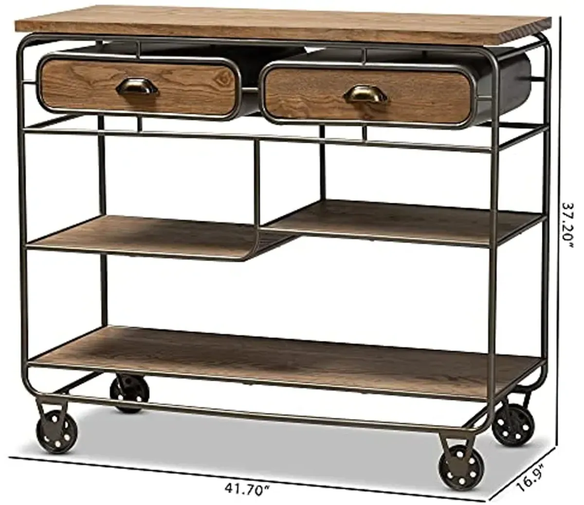 Baxton Studio Grant Vintage Rustic Industrial Oak Brown Finished Wood and Black Finished Metal 2-Drawer Kitchen Cart