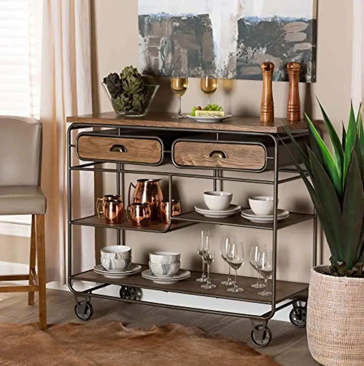 Baxton Studio Grant Vintage Rustic Industrial Oak Brown Finished Wood and Black Finished Metal 2-Drawer Kitchen Cart