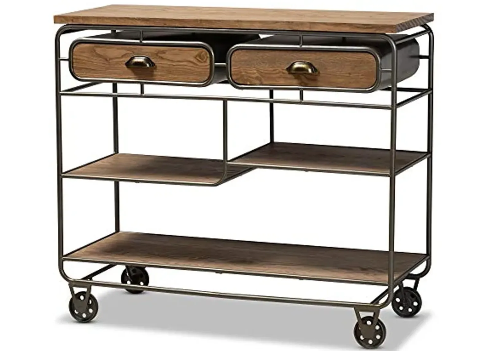 Baxton Studio Grant Vintage Rustic Industrial Oak Brown Finished Wood and Black Finished Metal 2-Drawer Kitchen Cart