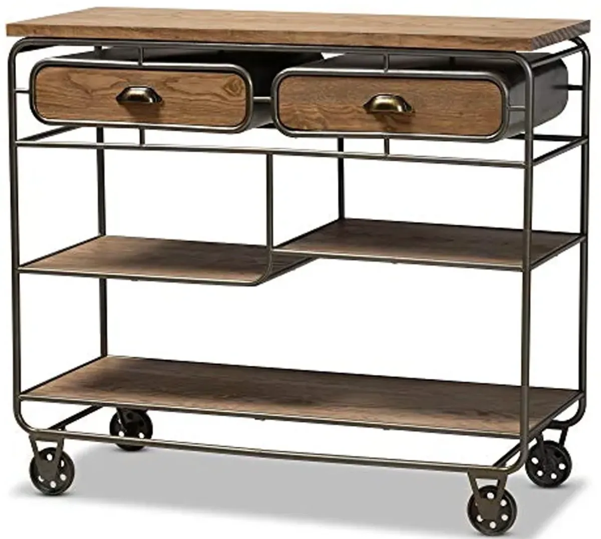 Baxton Studio Grant Vintage Rustic Industrial Oak Brown Finished Wood and Black Finished Metal 2-Drawer Kitchen Cart