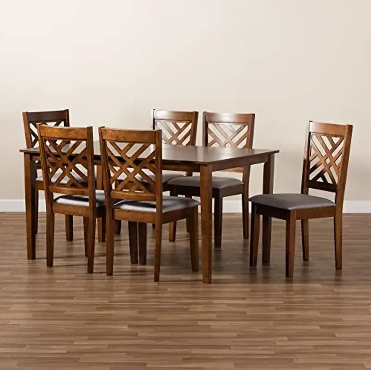 Baxton Studio Caron Dining Set - Grey Fabric Upholstered and Walnut Brown Finished Wood 7-Piece Set
