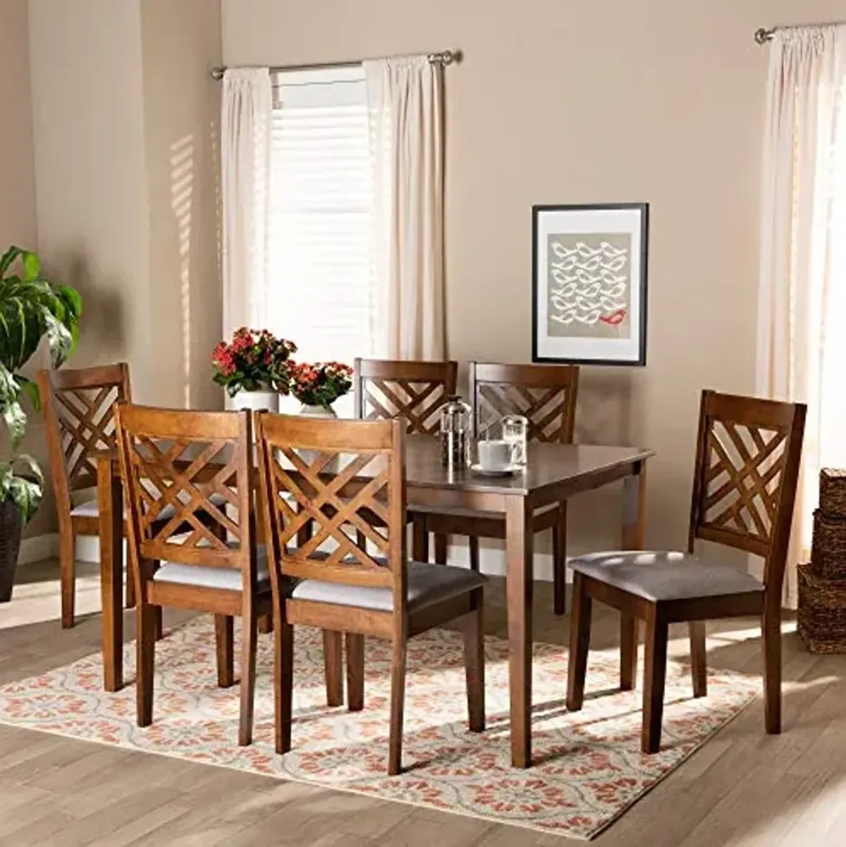 Baxton Studio Caron Dining Set - Grey Fabric Upholstered and Walnut Brown Finished Wood 7-Piece Set