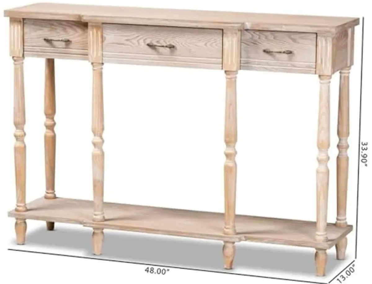 Baxton Studio Hallan Classic and Traditional French Provincial Rustic Whitewashed Oak Brown Finished Wood 3-Drawer Console Table