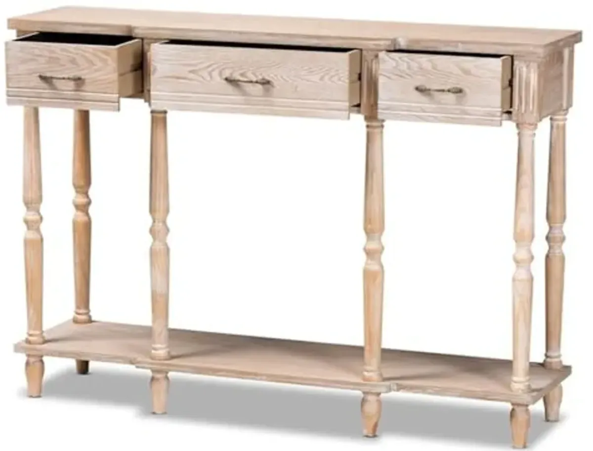 Baxton Studio Hallan Classic and Traditional French Provincial Rustic Whitewashed Oak Brown Finished Wood 3-Drawer Console Table