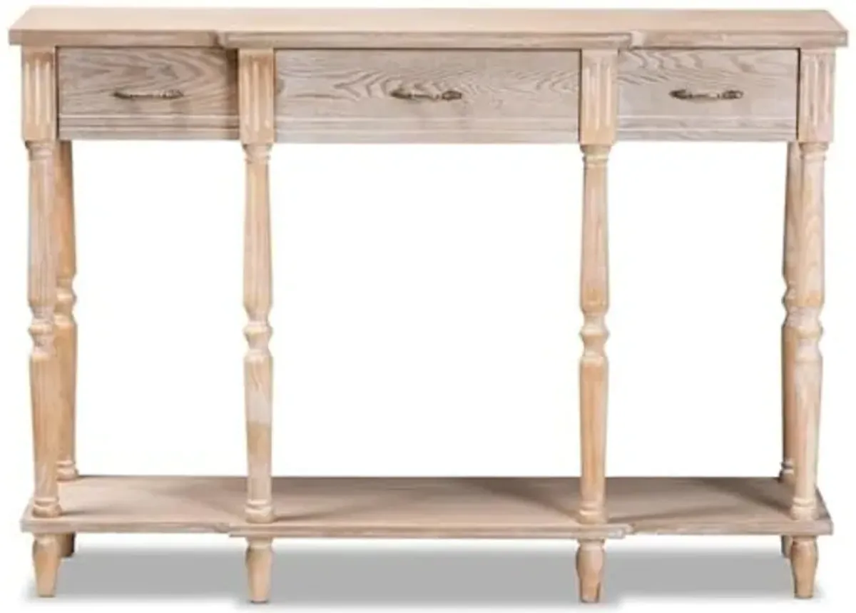 Baxton Studio Hallan Classic and Traditional French Provincial Rustic Whitewashed Oak Brown Finished Wood 3-Drawer Console Table