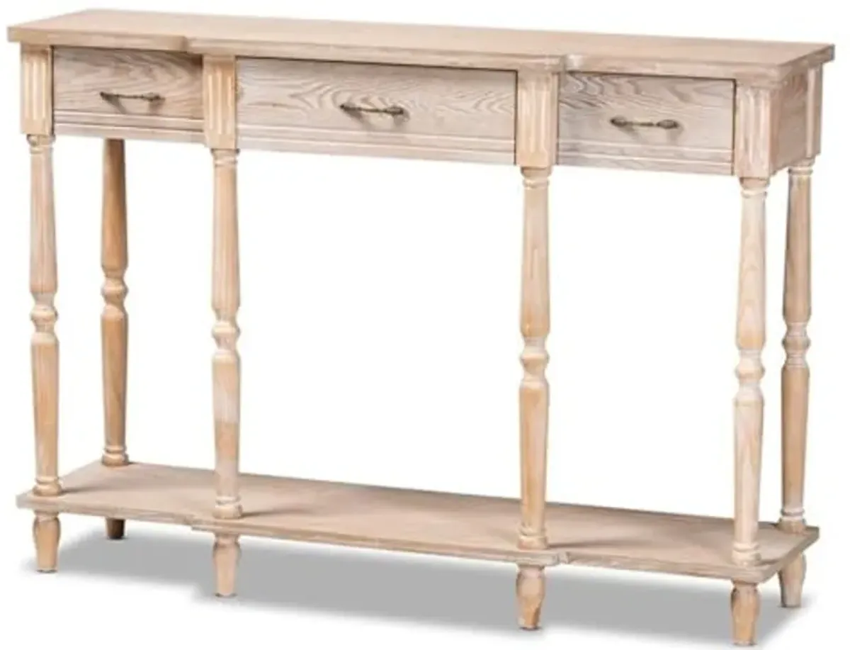 Baxton Studio Hallan Classic and Traditional French Provincial Rustic Whitewashed Oak Brown Finished Wood 3-Drawer Console Table