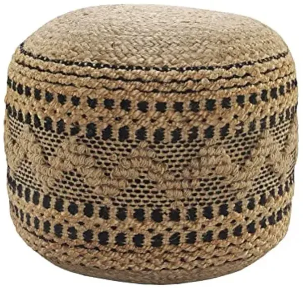 LR Home Tan/Black Round Ottoman Pouf for Home Decor | Striped Hand-Woven Jute Cotton Blend Round Pouf Ottoman Foot Rest for Bedroom & Living Room Decor | 18" X 18"W X 14"H