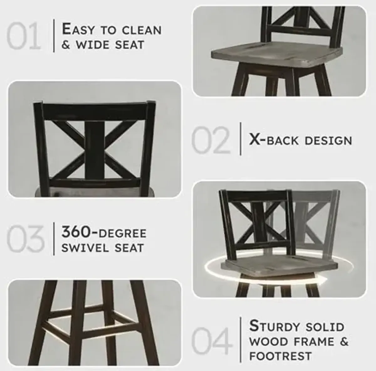 Lexicon Swivel Bar Height Stools Set of 2, Modern Solid Wood Kitchen Bar Height Stools, High Back, Grey Swivel Seat, Footrest for Kitchen Island, Easy Assembly, X-Back, 29" SH, Antique Black