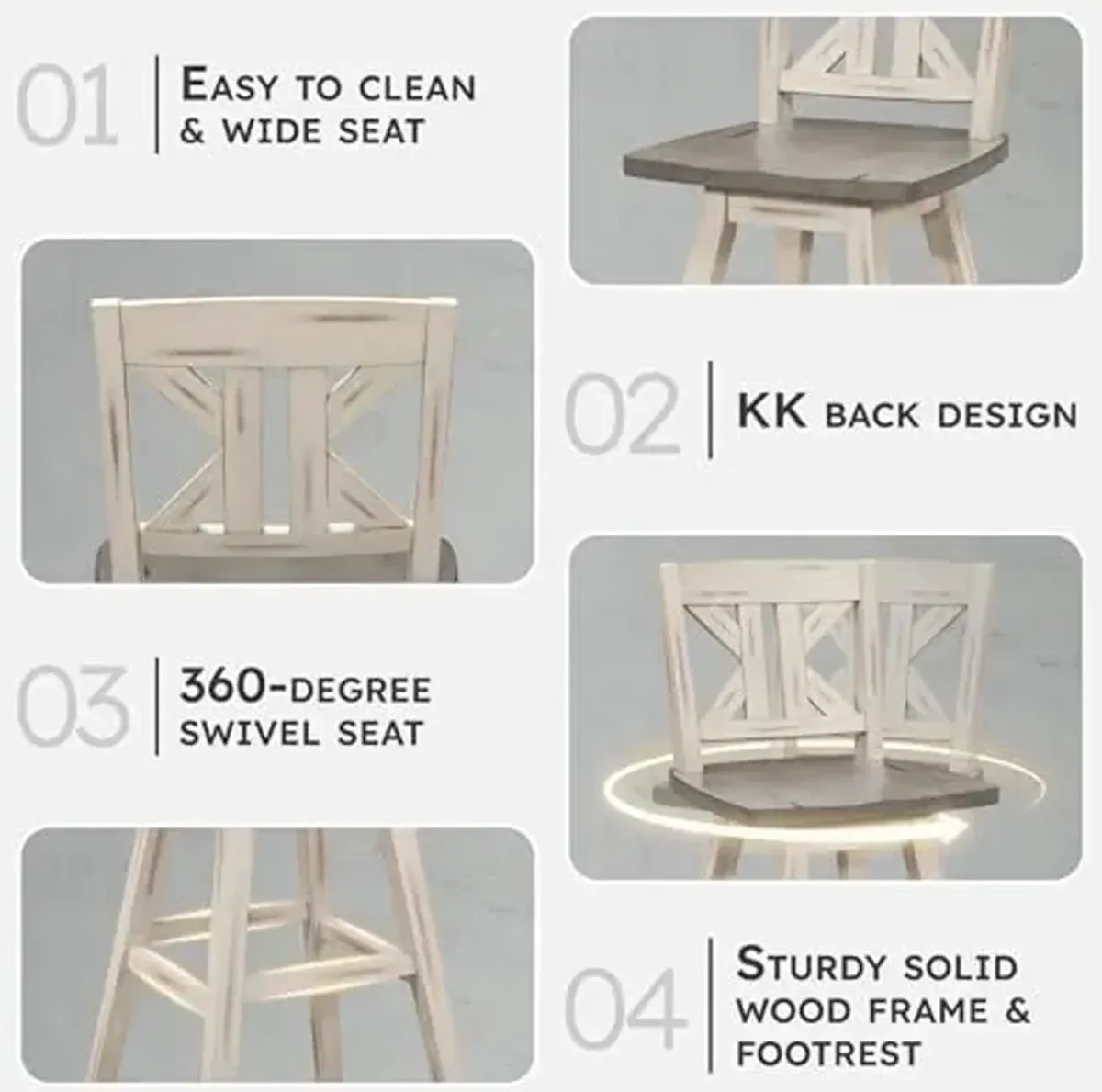 Swivel Pub Bar Height Stools Set of 2, Modern Solid Wood Kitchen Bar Height Stools with Backs, High Back, Swivel Seat, Footrest for Kitchen Island, Easy Assembly, Divided X-Back, 29"SH, White