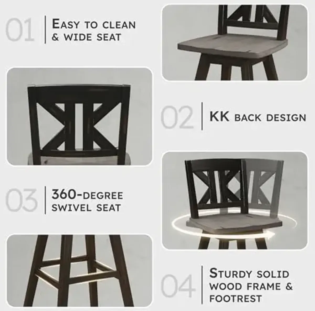 Swivel Pub Bar Height Stools Set of 2, Modern Solid Wood Kitchen Bar Height Stools with Backs, High Back, Swivel Seat, Footrest for Kitchen Island, Easy Assembly, Divided X-Back, 29"SH, Black