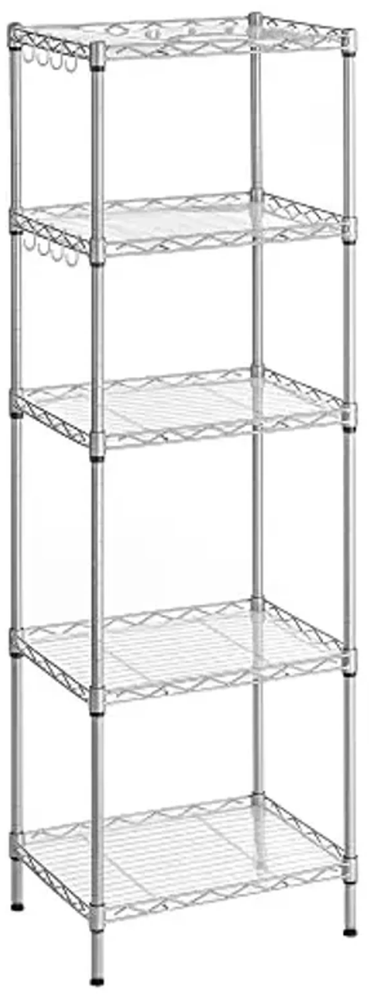SONGMICS 5-Tier Storage Shelves, Wire Shelving Unit, Kitchen Metal Shelves, Storage Rack with Adjustable Shelves, Shelf Liners, 8 Hooks, for Garage, 11.8 x 15.7 x 47.6 Inches, Silver ULGR115E01