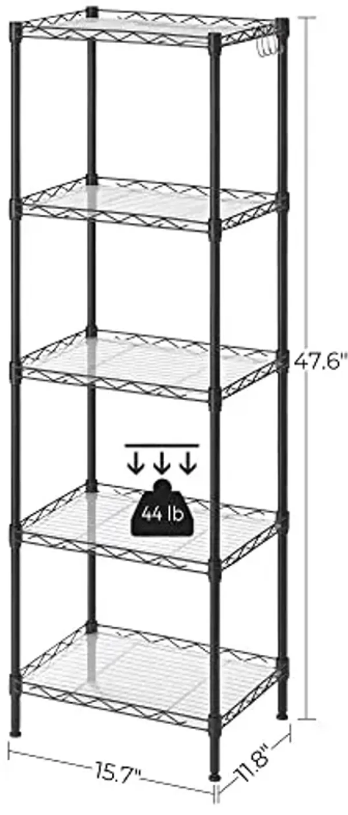 SONGMICS 5-Tier Storage Shelves, Wire Shelving Unit, Kitchen Metal Shelves, Storage Rack with Adjustable Shelves, Shelf Liners, 8 Hooks, for Garage, 11.8 x 15.7 x 47.6 Inches, Black ULGR115B01