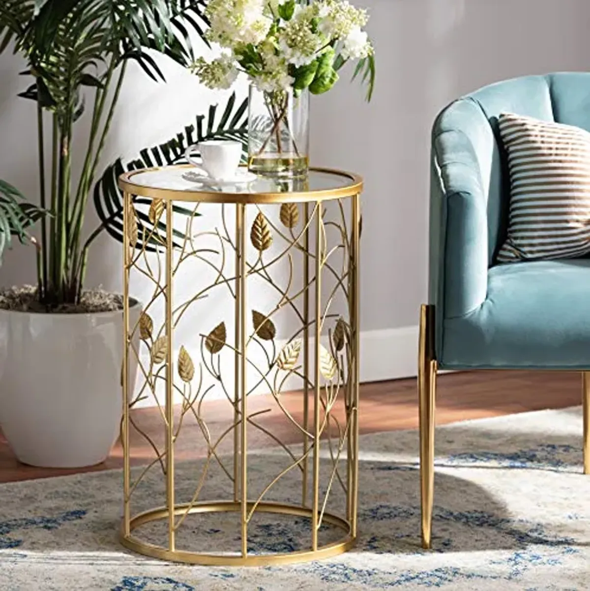 Baxton Studio Anaya Modern and Contemporary Glam Brushed Gold Finished Metal and Glass Leaf Accent End Table