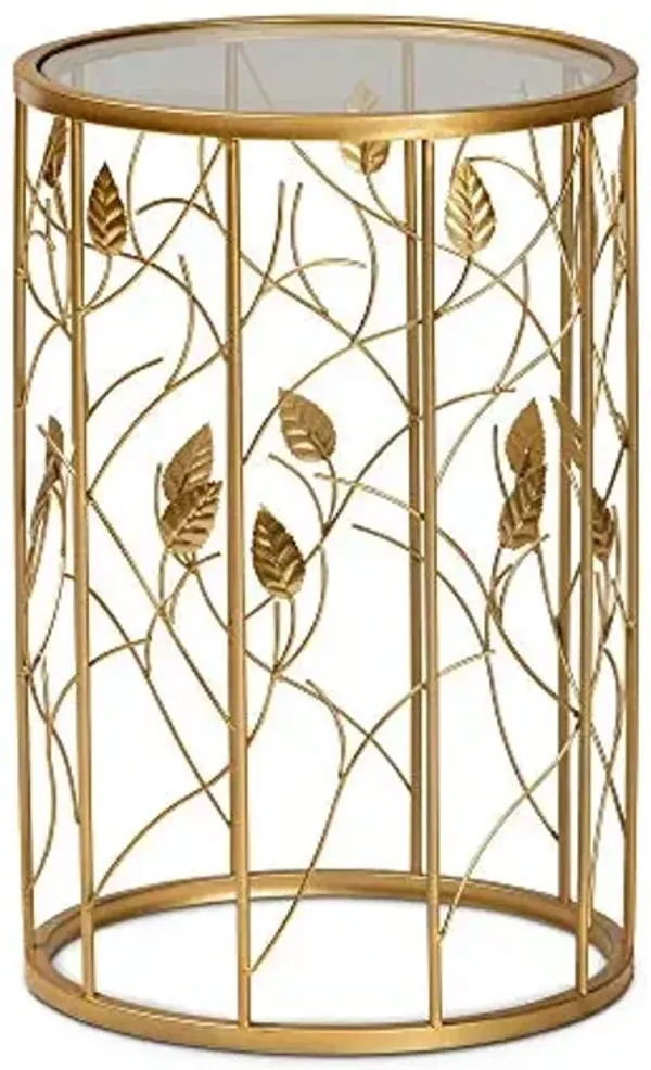 Baxton Studio Anaya Modern and Contemporary Glam Brushed Gold Finished Metal and Glass Leaf Accent End Table