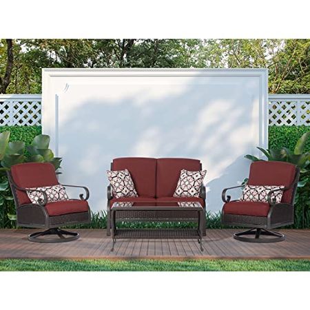 Hanover Madrid 4-Piece Wicker Outdoor Patio Furniture Chat Set, 2 Swivel Rocker Side Chairs, Loveseat, Glass Top Coffee Table, All-Weather Hand-Woven Wicker, Aluminum Frames - MADRID4PC-RED