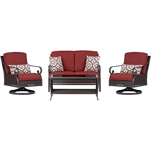 Hanover Madrid 4-Piece Wicker Outdoor Patio Furniture Chat Set, 2 Swivel Rocker Side Chairs, Loveseat, Glass Top Coffee Table, All-Weather Hand-Woven Wicker, Aluminum Frames - MADRID4PC-RED