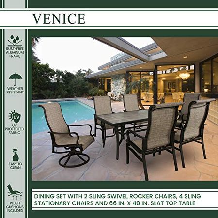 Hanover Venice 7-Piece Dining Set with 2 Sling Swivel Rocker Chairs, Black/Tan