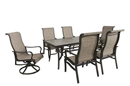Hanover Venice 7-Piece Dining Set with 2 Sling Swivel Rocker Chairs, Black/Tan