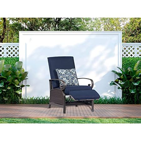Hanover Madrid Outdoor Patio Recliner, Adjustable Chair, All-Weather Hand-Woven Wicker, Aluminum Frames, Thick Cushions-MADRIDREC-NVY, 1 Piece, Navy