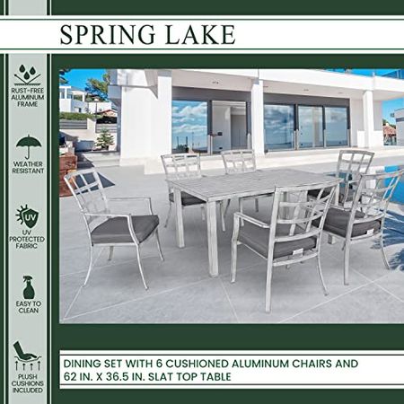 Hanover 7-Piece Spring Lake Outdoor Furniture Dining Set, 6 Cushioned Aluminum Chairs and 62"X36.5" Slat Top Table, All-Weather Rust-Resistant, White/Grey
