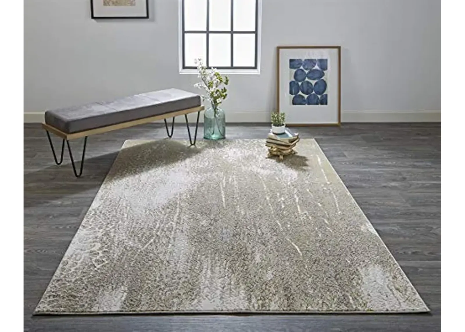 Feizy Rugs - Aura Collection, Contemporary Distressed Area Rug - Ivory/Gold 1'-8" X 2'-10"