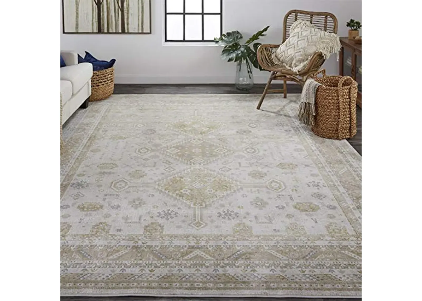 Feizy Rugs - Aura Collection, Traditional Ornamental Area Rug - Gold/Ivory 1'-8" X 2'-10"