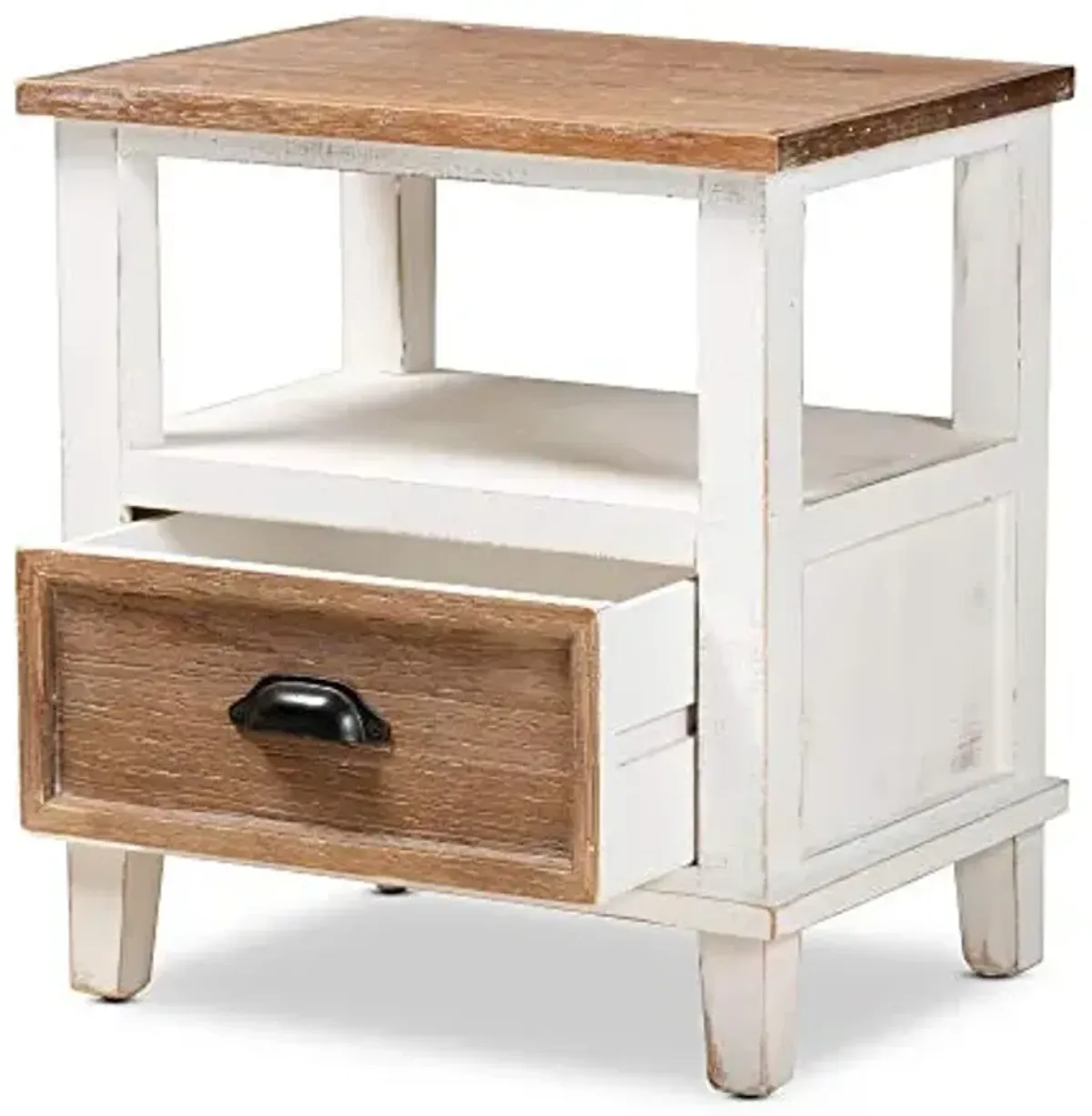 Baxton Studio Glynn Rustic Farmhouse Weathered Two-Tone White and Oak Brown Finished Wood 1-Drawer End Table
