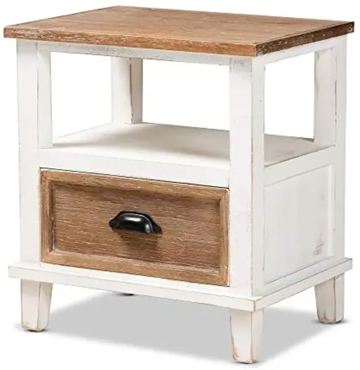 Baxton Studio Glynn Rustic Farmhouse Weathered Two-Tone White and Oak Brown Finished Wood 1-Drawer End Table