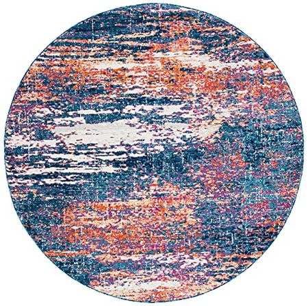 SAFAVIEH Evoke Collection 6'7" Round Navy / Orange EVK272N Modern Abstract Non-Shedding Dining Room Entryway Foyer Living Room Bedroom Area Rug