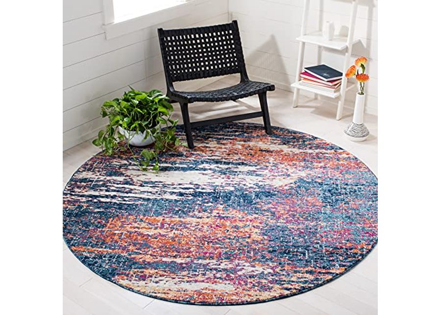 SAFAVIEH Evoke Collection 6'7" Round Navy / Orange EVK272N Modern Abstract Non-Shedding Dining Room Entryway Foyer Living Room Bedroom Area Rug