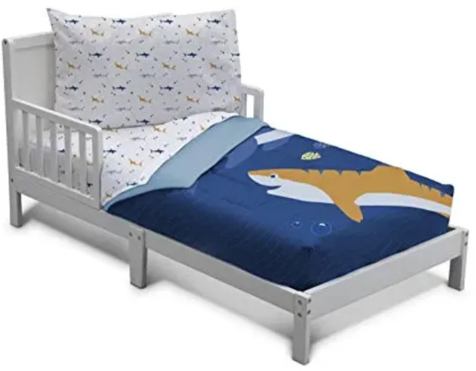 Delta Children 4 Piece Toddler Bedding Set for Boys - Reversible 2-in-1 Comforter - Includes Fitted Comforter to Keep Little Ones Snug, Bottom Sheet, Top Sheet, Pillow Case - Blue Shark, Marine Life
