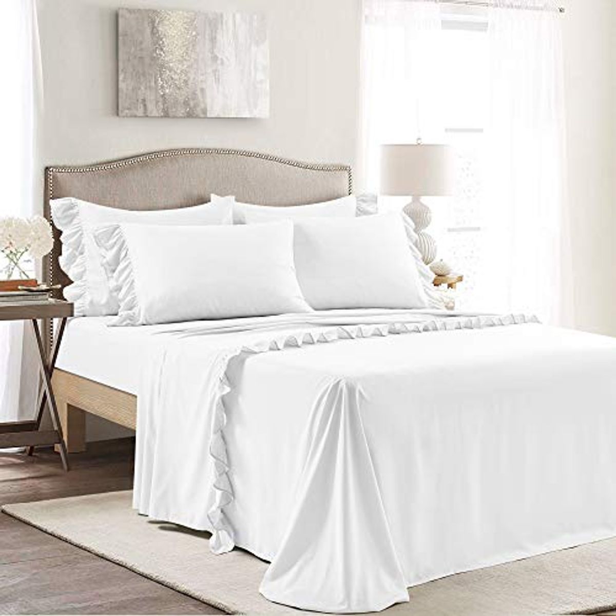 Lush Decor Reyna Ruffle Sheet Set, 6 Piece Set, Full, White - Soft & Comfortable Sheets With Ruffles - Classic Elegant Bed Sheet Set - Traditional, Modern Farmhouse, Glam, & Cottage Bedroom Decor