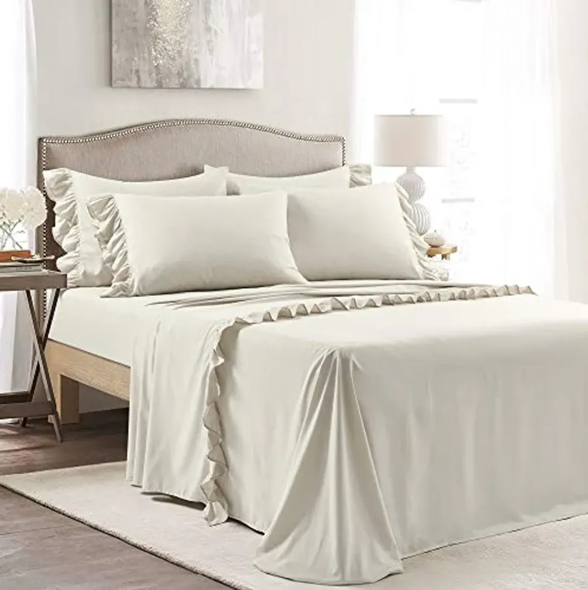 Lush Decor Reyna Ruffle Sheet Set, 6 Piece Set, Queen, Wheat - Soft & Comfortable Sheets With Ruffles - Classic Elegant Bed Sheet Set - Traditional, Modern Farmhouse, Glam, & Cottage Bedroom Decor