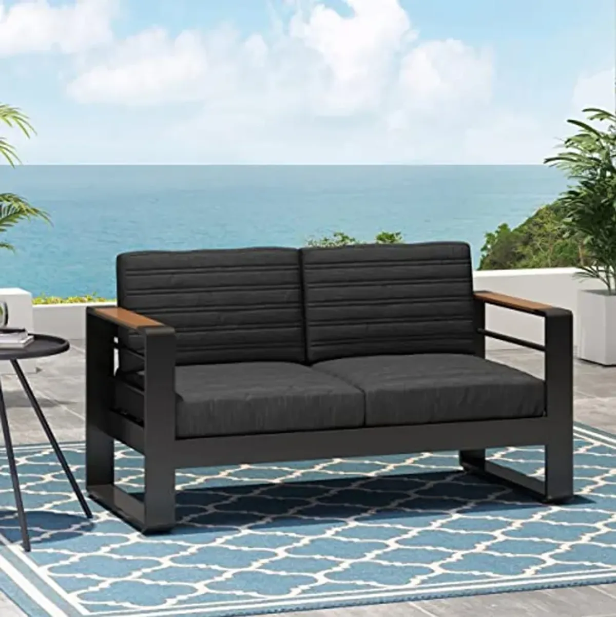 Christopher Knight Home Giovanna Outdoor LOVESEAT, Dark Gray + Natural + Black Anodize