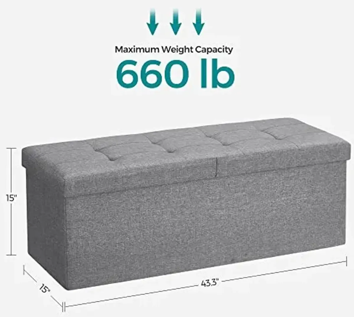 SONGMICS MAZIE Collection - 43 Inches Storage Ottoman, Foldable Storage Bench with Flipping Lid, 660 lb Load Capacity, for Entryway, Living Room, Bedroom, Light Gray ULSF71G