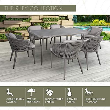 MOD 6 Rope Cushioned Chairs and 63 in. x 35 in. Faux Wood Top Table Riley 7-Piece Mid-Century Modern Outdoor Dining Set, Gray