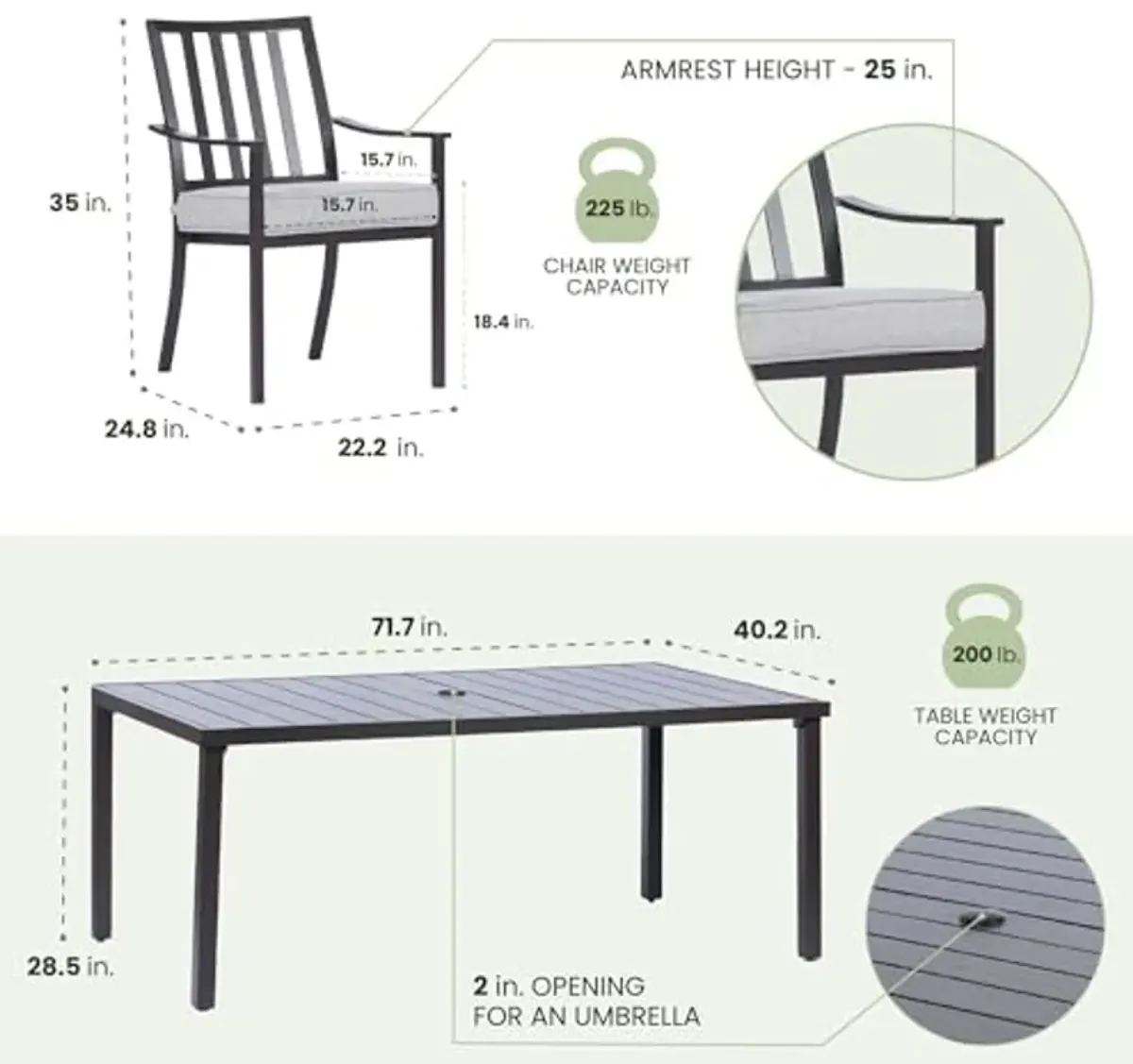 Mod Furniture Carter 7-Piece Patio Dining Set, Modern Patio Furniture, Outdoor Dining Set for 6 with All-Weather Aluminum Frames, Padded Dining Chairs, and Slat Table