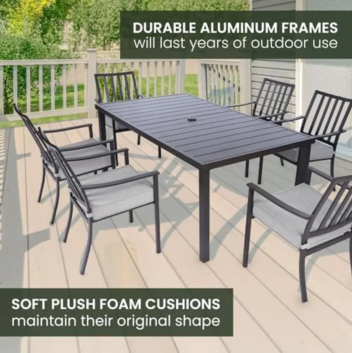 Mod Furniture Carter 7-Piece Patio Dining Set, Modern Patio Furniture, Outdoor Dining Set for 6 with All-Weather Aluminum Frames, Padded Dining Chairs, and Slat Table