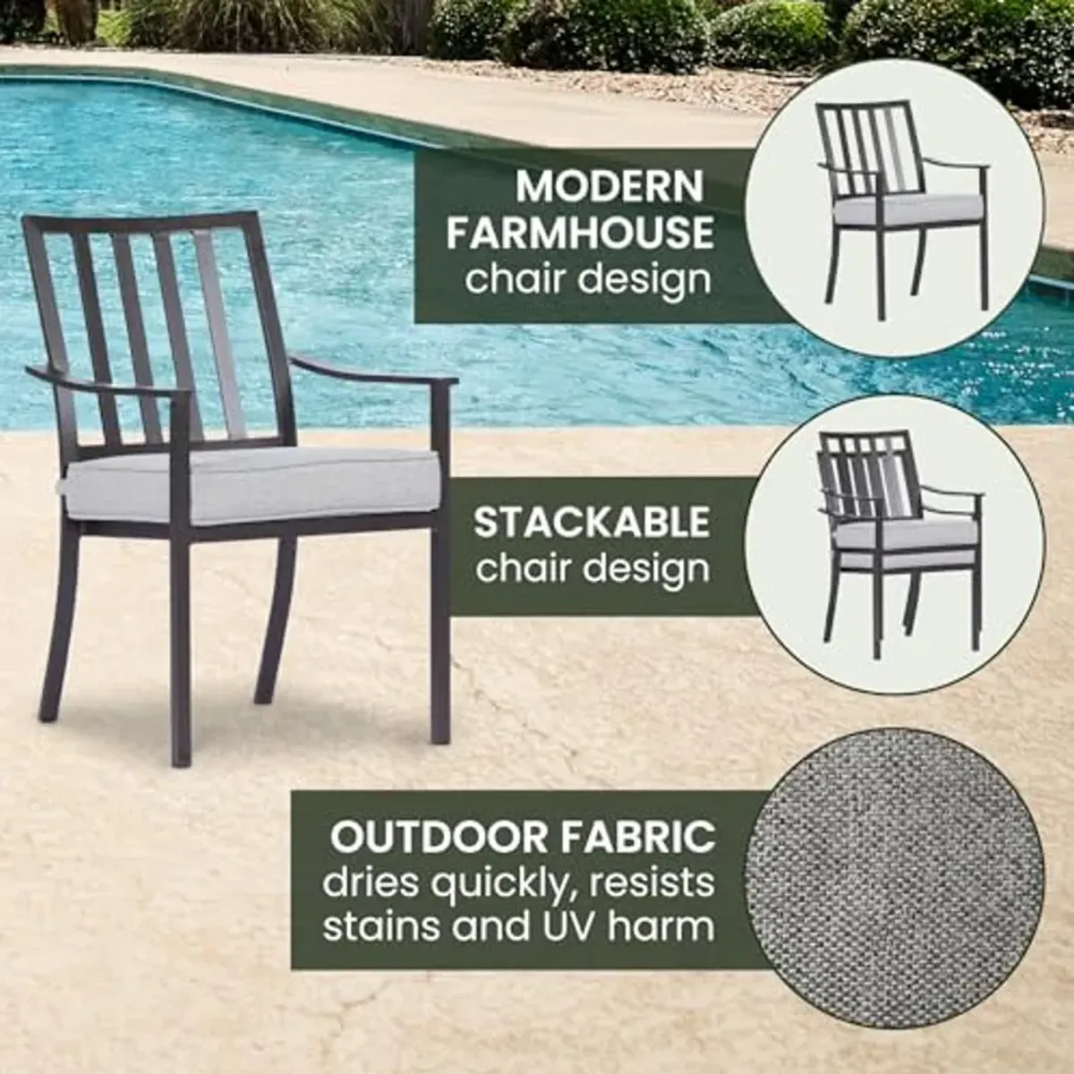 Mod Furniture Carter 7-Piece Patio Dining Set, Modern Patio Furniture, Outdoor Dining Set for 6 with All-Weather Aluminum Frames, Padded Dining Chairs, and Slat Table