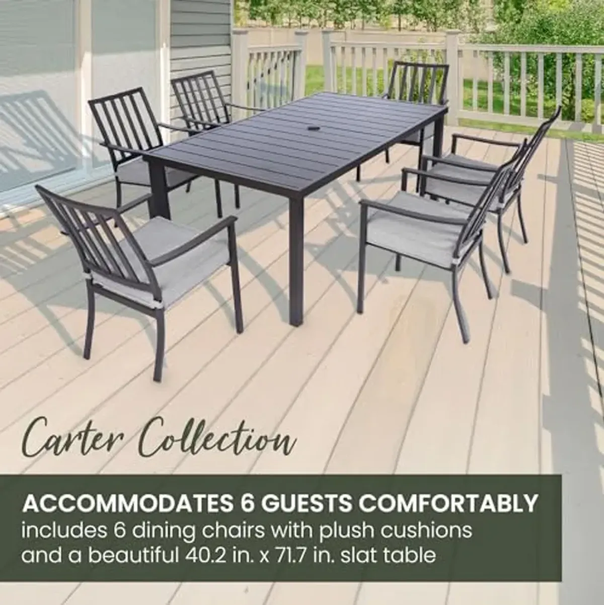 Mod Furniture Carter 7-Piece Patio Dining Set, Modern Patio Furniture, Outdoor Dining Set for 6 with All-Weather Aluminum Frames, Padded Dining Chairs, and Slat Table