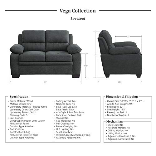 Lexicon Vega 2Piece Living Room Set, Dark Gray